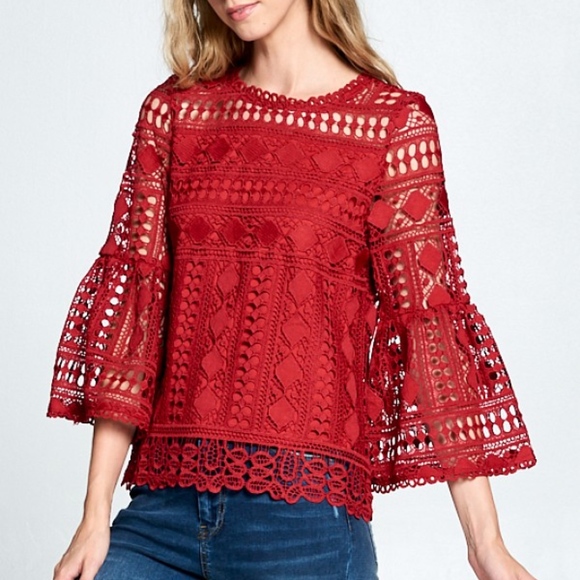 Last 1! NWT Red Lace Top with bell sleeves - Picture 3 of 5